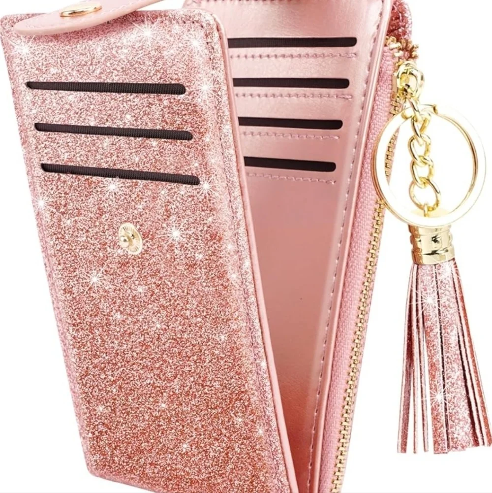 Glitter Pink Card Holder with Tassel Keychain